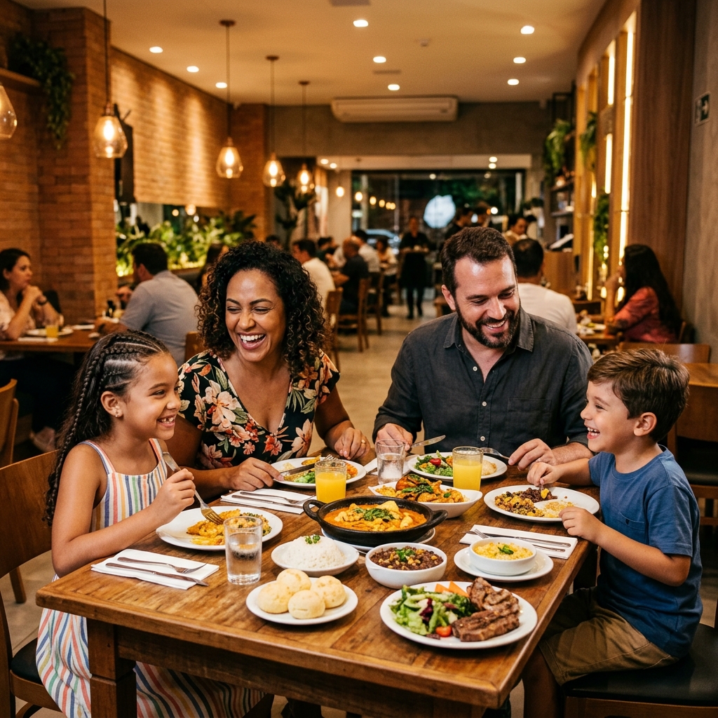 Família reunida em restaurante